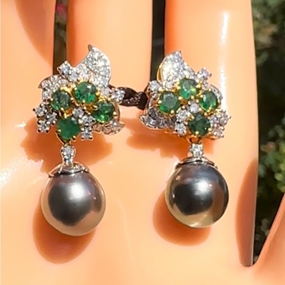 Southsea Pearl,Natural Emerald and Diamond Earrings in 18k solid gold